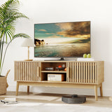Garvee Boho TV Stand for Living Room, Modern Entertainment Center for TVs Up to 50 Inch, Television Console Table with Fluted Door Storage Cabinet and Open Shelves, Natural