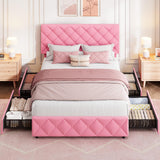 Garvee Full Size Modern Upholstered Platform Bed Frame with 4 Storage Drawers - Adjustable Diamond Button Tufted Headboard - No Box Spring Needed - Pink Linen - Pink