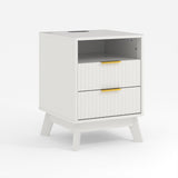 Garvee 18" Modern Fluted Nightstand with Charging Station, Curved Profile Side Table with 2 Drawers, Multi-Functional End Table for Bedroom & Living Room,White - White