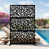 Garvee Metal Privacy Screen for Patio & Garden, 72 in H x 47 in W Freestanding Laser Cut Galvanized Steel Fence Panel with Stand, Black