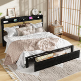 Garvee Rattan Platform Bed Frame with Storage Drawer & LED Lights, Headboard Shelf + Charging Station, Wooden Slat Support, No Box Spring Needed - King, Black - Black
