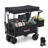Garvee Collapsible Garden Wagon, 220 LB Capacity Utility Cart with Canopy, All-Terrain Wheels, Cup Holders and Detachable Pockets, Black
