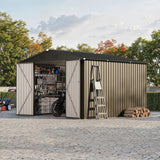 Garvee Outdoor Storage Shed, 10 x 10 FT Galvanized Steel, 540 Cu Ft Capacity, Lockable Door and Peak Roof, Brown, for Backyard