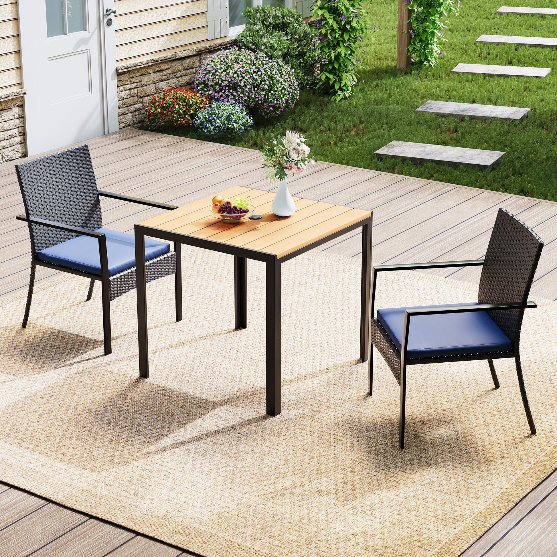 Garvee Patio Dining Set, 3-Piece Wicker Table and 2 Cushioned Chairs with Umbrella Hole, Black and Blue, for Backyard and Poolside