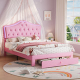 Garvee LED Pink Velvet Upholstered Bed Frame – Crystal Tufted Headboard, Storage Drawer, Noise-Free Slats, No Box Spring Needed, Easy Assembly, Full Size, Pink - Pink