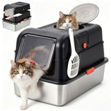 Garvee Stainless Steel Cat Litter Box with Lid & Scoop, Enclosed Litter Pan with Front & Top Entry, Anti-Leak High Sides Cat Litter Box for Large Cats,Black - Black