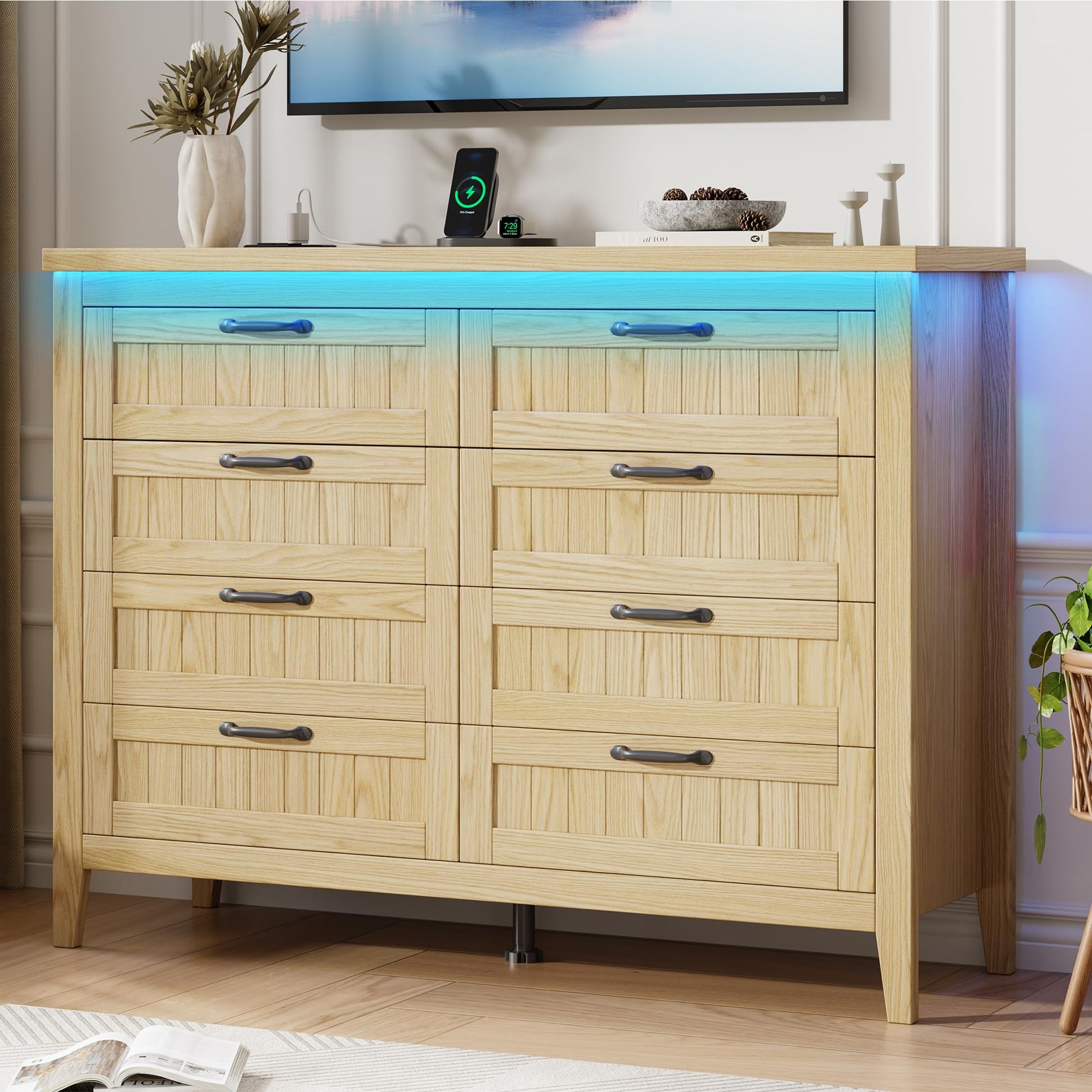 Garvee 8 Drawer Dresser With LED Lights & Power Outlet For Bedroom, Wide Wooden Chest, Natural Wood Color, Eight-Drawer Cabinet