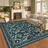 Garvee 9' × 12' Heron Botanical Area Rug, Machine Washable Non-Slip Low-Pile Soft Rug for Living Room, Bedroom & Dining Room, Blue