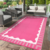 Garvee Reversible Outdoor Plastic Rug - Waterproof Patio Carpet with Modern Scalloped Edge - UV & Weather Resistant, Easy to Clean for Garden, Camping, Porch, Beach - 9x12ft, Hot Pink/White - Hot Pink