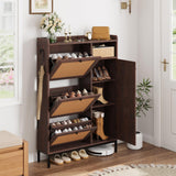 Garvee Space-Saving Narrow Shoe Cabinet with 3 Turnover Drawers - Rattan Doors, 4-Tier Organizer with Adjustable Shelf - Freestanding Entryway/Hallway/Closet Storage, Deep Cherry (Upgraded) - P Deep Cherry Cabinet Body Upgraded Version