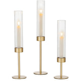 Garvee Gold Hurricane Candle Holders Set of 3, Taper Candlestick Holders with Ribbed Glass Cylinder Sleeves, Elegant Table Centerpiece for Wedding, Birthday, Christmas, Home Decor - Vertical Stripe
