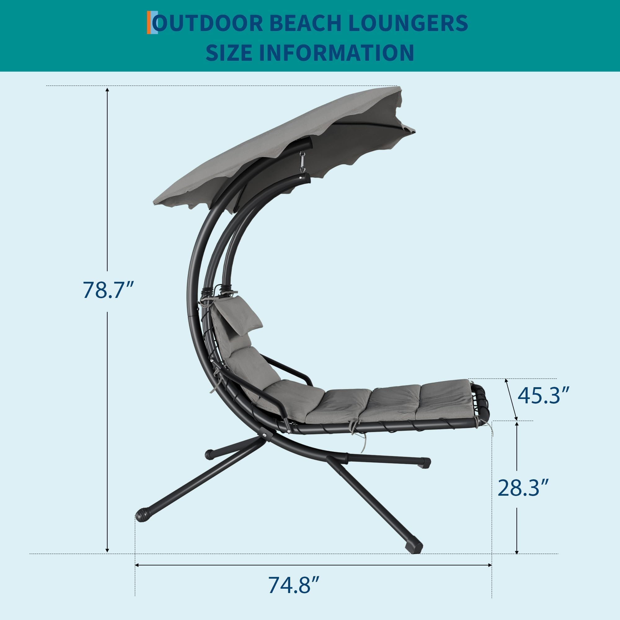 Grey green hanging chaise lounge dimension diagram showing 74.8 inch length, 45.3 inch width and 78.7 inch height