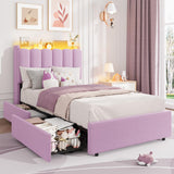 Garvee Twin XL Bed Frame with RGB LED & Storage Drawers, Boucle Upholstered, Metal Frame, Quiet Support, Purple, Kids Bedroom - Purple