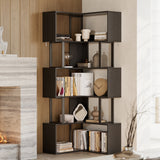 Garvee 62.6" Tall Space-Saving L-Shaped Corner Bookshelf, 6-Tier Freestanding Metal & Wood Rack with Baffle, Modern Display Storage for Living Room, Bedroom, Home Office, Black - Black