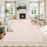 Garvee Scalloped Large Washable 10x14 Area Rug for Living Room Beige Neutral Non Slip Soft Bedroom Rugs Large Low Pile Foldable tain Resistant Carpet for Nursery Dining Room Classroom, Beige - Beige