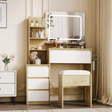 Garvee Vanity Desk with Mirror and 3-Color Adjustable LED Lights, 36-Inch Dressing Table Featuring Power Outlet, USB Ports, 4 Drawers, Storage Shelves & Stool for Bedroom, Natural Wood - Natural Wood
