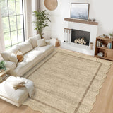 Garvee 6' × 9' Scalloped Bordered Area Rug, Machine Washable Non-Slip Low-Pile Soft Rug for Living Room, Bedroom & Dining Room, Jute - Jute