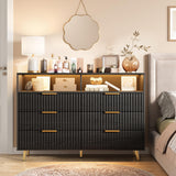 Garvee Modern Black 6 Drawer Fluted Dresser with LED Lights & Charging Station – Curved Chest with Gold Handles, Open Storage Shelf – Bedroom, Living Room, Hallway – Black One Box Pack - Black