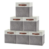 Garvee 13x13 Storage Cube Bins Set of 6, Foldable Linen Fabric Baskets with Leather Handles, Collapsible Shelf Organizer for Closet Cubby Shelves, Beige/White with Grey or Black Trim - White Gray