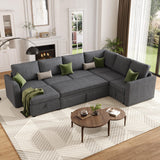 Garvee Sectional Sleeper Couch with Pull Out Sofa Bed, Corduroy Modular Sectional Sofa L Shaped 5-7 Seat Couch with Storage Seat & Ottoman, Convertible Couches for Living Room, Gray - Gray