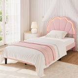 Garvee Soft Velvet Platform Bed Frame - Adjustable Seashell Headboard - LED Light - Underbed Storage - Twin Size, Light Pink - Pink