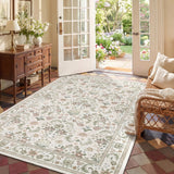 Garvee 5' x 7' Beige Vintage Floral Area Rug, Washable Non-Slip Low-Pile Soft Rug for Living Room, Bedroom, Dining Room & Nursery - Beige