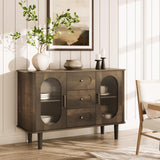 Garvee 47.2" Sideboard Buffet Cabinet with 2 Fluted Glass Doors & 3 Drawers, Modern Farmhouse Accent Coffee Bar with Adjustable Shelves for Kitchen, Living Room, Hallway, Walnut
