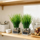 Garvee 3 Pack Artificial Grass Plants in Square Clear Glass Pots with Faux Soil & Pebbles, Modern Tabletop Greenery Decor, Set of 3 Small Desktop Potted Plants