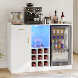 Garvee Coffee Bar Cabinet with Fridge Space, Wine Cabinet with Glass Holder, Power Outlet & LED Light, Fluted Buffet Sideboard for Home Bar, Living Room, White - White