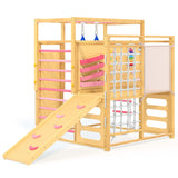 Garvee 9-IN-1 Outdoor Indoor Jungle Gym, Wooden indoor playground for kids 2-8, Wooden Climbing Structure with Slide, Monkey Bars, Rope Ladder, Rock Wall, Climbing Net, Rings - Natural Wood Pink - Pink