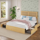Garvee Rattan Queen Bed Frame with Natural Rattan Headboard, RGB LED Lights, Reinforced Wood Slats, Silent Pads, 8-Inch Storage Clearance, Bedroom - Natural with Drawers