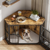 Garvee Space-Saving Corner Dog Crate Furniture – Wooden Indoor Kennel End Table with 360° Rotating Door, Stainless Steel Feeding Bowls, Decorative Design for Small Breeds, Vintage + Black Iron Frame, Brown - Brown
