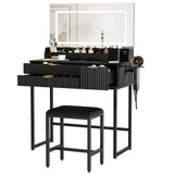 Garvee Modern Fluted Vanity Desk Set with Large LED Mirror, 3-Color Touch Lighting, Power Outlet, Glass Top, 3 Drawers, Storage Shelves & Stool – Bedroom Makeup Table – Black Board & Black Iron Frame - Blackboard + Black Iron Frame
