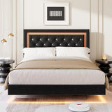 Garvee Floating Platform Bed Frame with Smart LED Lights - Modern Diamond Upholstered Headboard - Sturdy Wood Slats - Noise-Free & Easy Assembly - No Box Spring Needed - Bedroom Furniture - Full Size - Black - Black