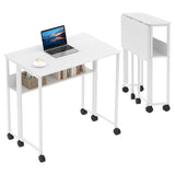 Garvee Folding Desk Small Rolling Desk with Storage Shelf, 24.8 Inch Foldable Computer Table for Small Spaces, Space Saving Sofa Table with Wheels for Home Office, Study, Easy Assembly, White - White