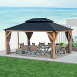 Garvee Hardtop Wood Gazebo, 10 x 12 FT Gray Permanent Pavilion with Double Metal Roof, Heavy-Duty Wooden Frame, Netting and Curtains for Patio and Backyard