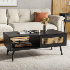 Garvee Wood Coffee Table with Storage, Boho Center Sofa Table with Sliding Door and Open Shelf for Living Room, Bedroom, Easy Assembly - Black