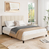 Garvee Queen Size Linen Upholstered Bed Frame with 3-Level Adjustable Headboard, Wood Slat Support, Silent Structure, 1200 lbs Capacity, Modern Geometric Design, Easy Assembly, Bedroom - Beige