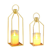 Garvee 2 Pack Black Metal Candle Lanterns with Glass Hurricane, 12 and 15 Inch Tall Hanging Lantern Candle Holders for Outdoor Indoor Decor, Rustic Table Centerpiece for Wedding Farmhouse Fireplace, Gold - Gold
