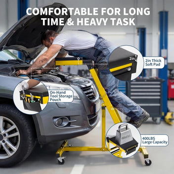 Garvee 400LBS Foldable Automotive Creeper - Adjustable Height (49"-76"), Heavy-Duty Garage Creeper with 6 Swivel Casters, Padded Deck, and Tool Pouch for Mechanics, Yellow + Black