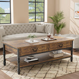 Garvee Vintage Farmhouse Coffee Table with Drawers, 2 Tier Small Wood Coffee Table for Living Room, Rectangular MDF Storage Table with Shelf, Rustic Modern Center Table - Brown