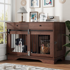 Garvee Dog Crate Furniture for 2 Dogs, 47" Double Dog Kennel with Removable Divider and 2 Drawers, Triple Doors, Decorative TV Stand Side Table, Indoor Pet Cage for L/M/S Dogs, Dark Brown - Dark Brown