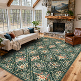 Garvee 5' × 7' Boho Floral Area Rug, Machine Washable Non-Slip Low-Pile Soft Rug for Living Room, Bedroom & Nursery, Dark Green