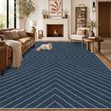 Garvee 9' × 12' Washable Striped Jute-Look Area Rug, Non-Slip Low-Pile Stain-Resistant Indoor Outdoor Rug for Living Room and Patio, Navy Blue - Navy Blue