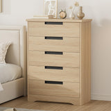 Garvee Modern 5 Drawer Wooden Dresser for Bedroom - Tall Storage Organizer Chest - Built-in Handles - Natural Oak Finish Freestanding Cabinet for Closet, Nursery, Living Room, Hallway, Entryway - Wood Color - Oak
