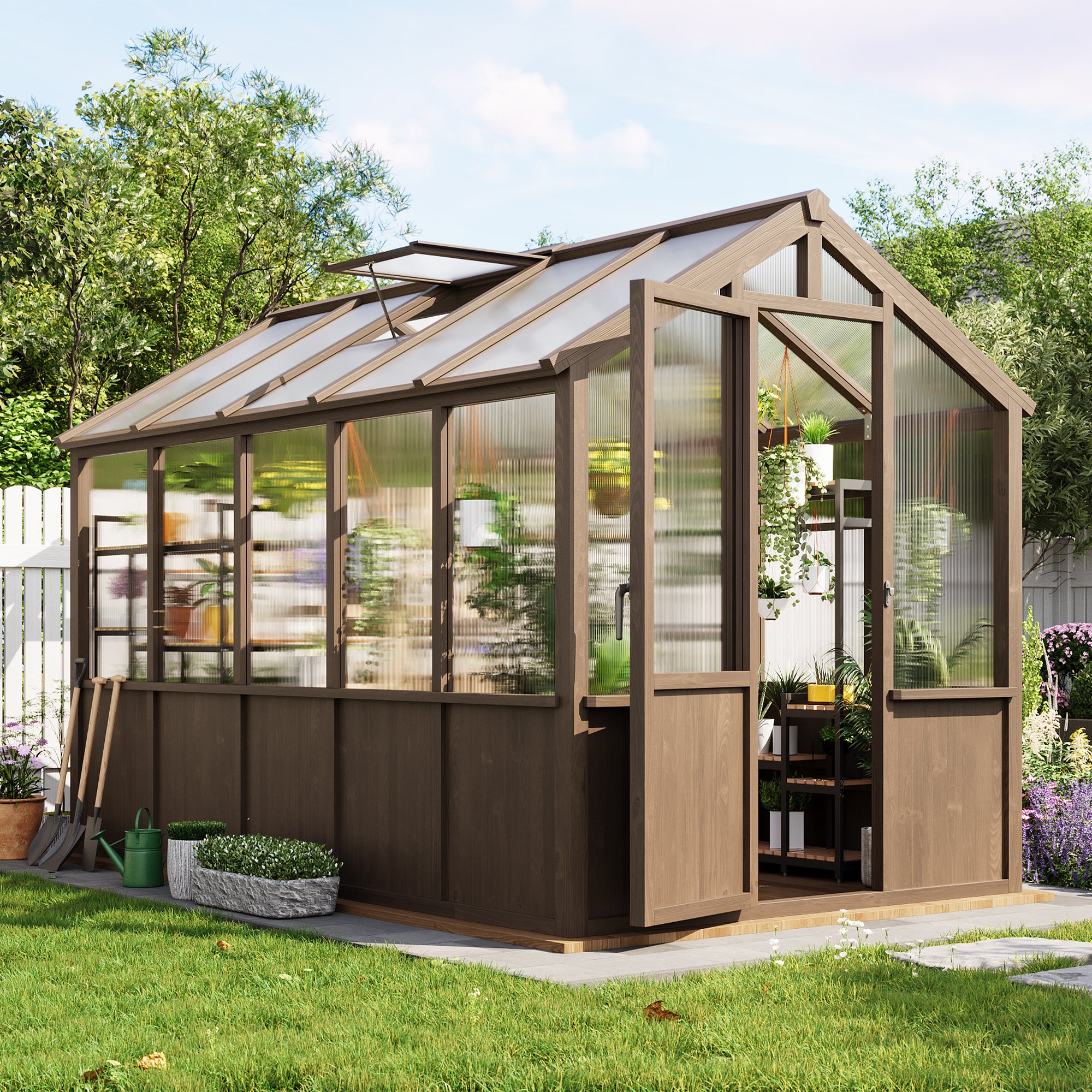 Garvee 6x10 Walk-In Wooden Greenhouse, Heavy Duty Spruce Frame with Po