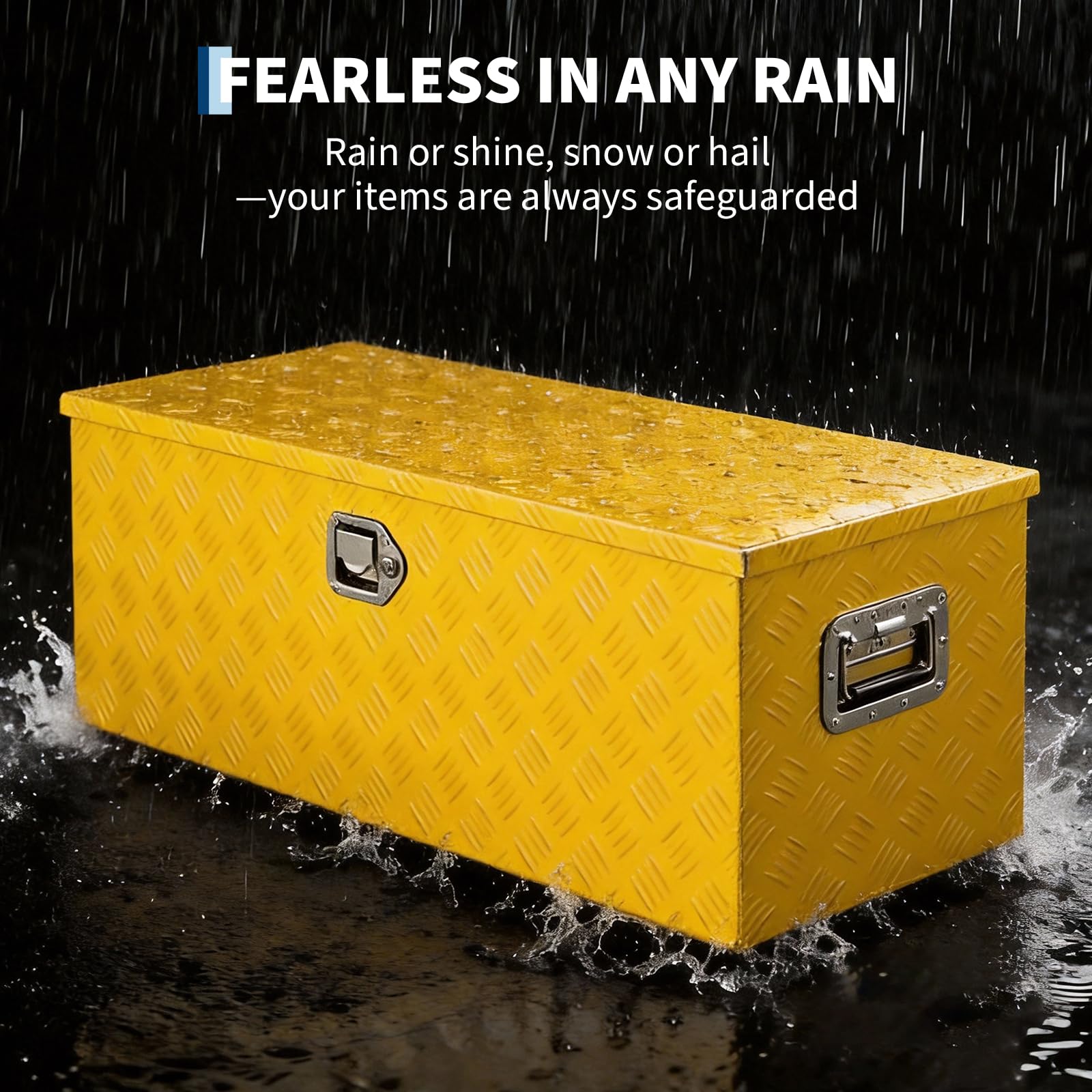 yellow diamond plate truck tool box exposed to heavy rain