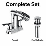 Garvee Waterfall Bathroom basin Faucet, 4 in Centerset 2-Handle 3-Hole Deck Mount Vanity Faucet, Pop-Up Drain & Supply Lines Included - 4" double handle integrated basin faucet, chrome - Chrome