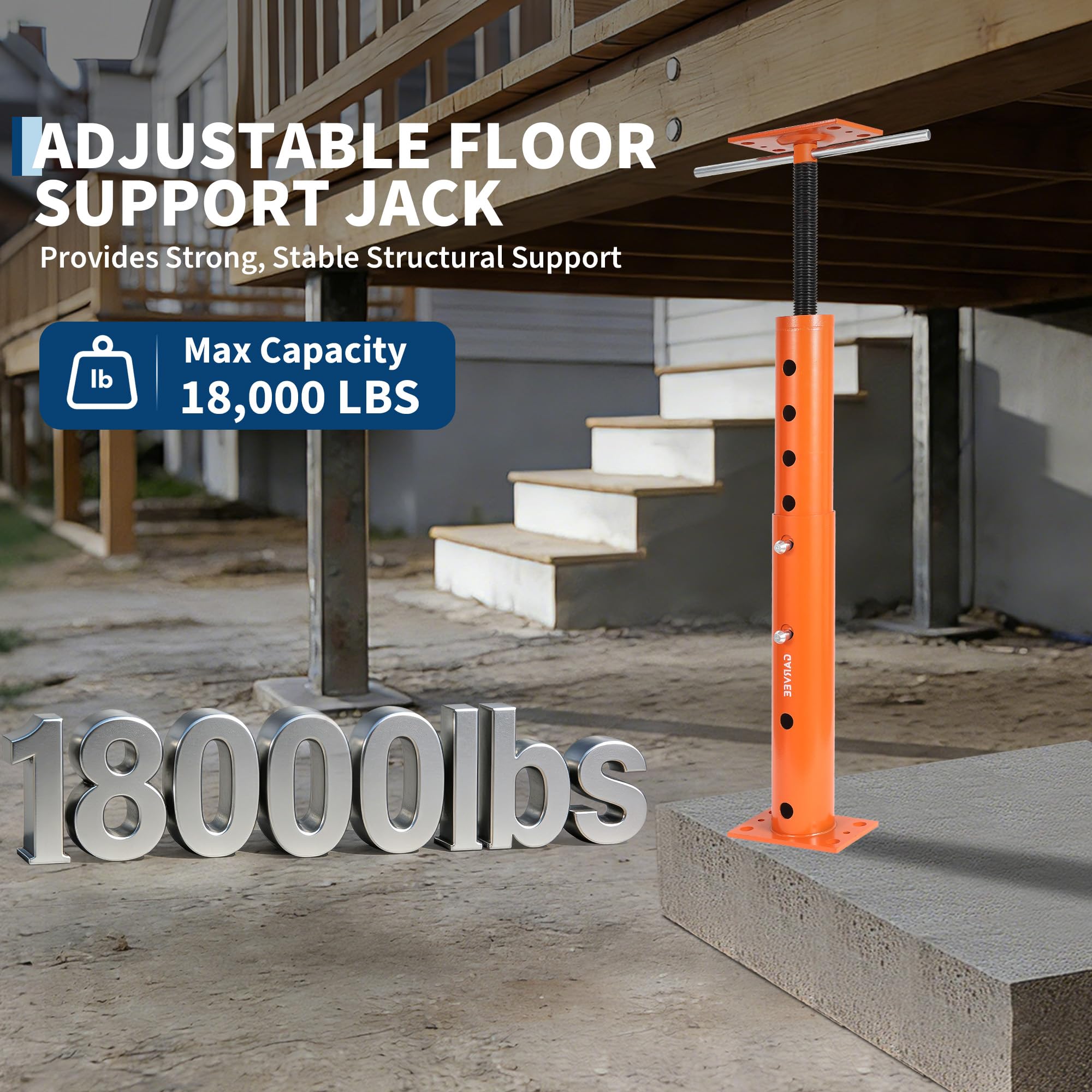 Adjustable house floor jack post with an 18,000 lb load capacity callout