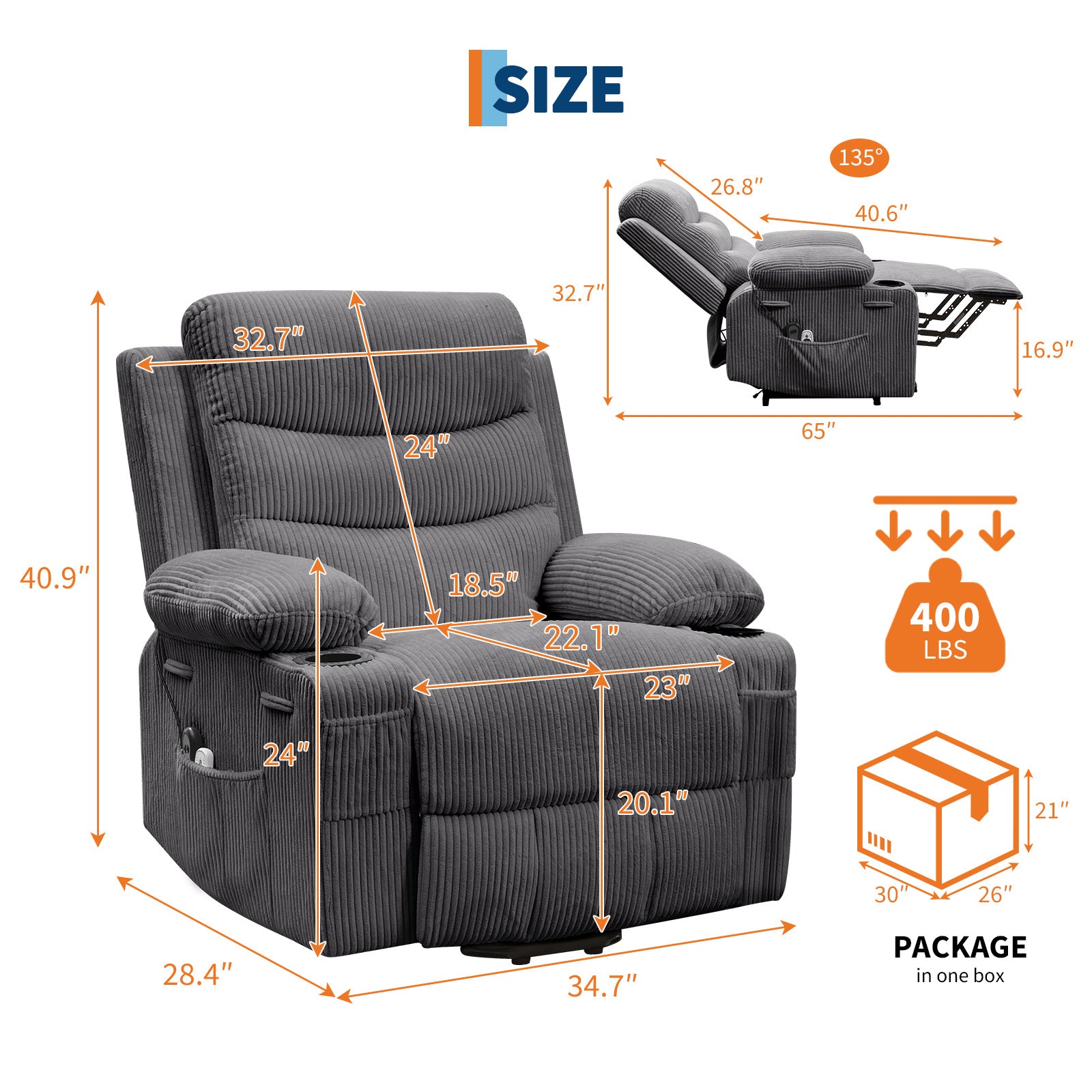Garvee Oversized Power Lift Recliner Chair, Corduroy, Electric